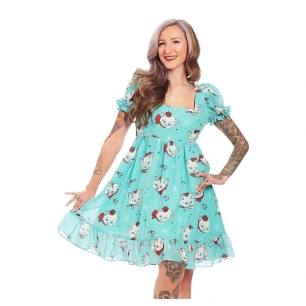 Cute Blue Cat Print Dress